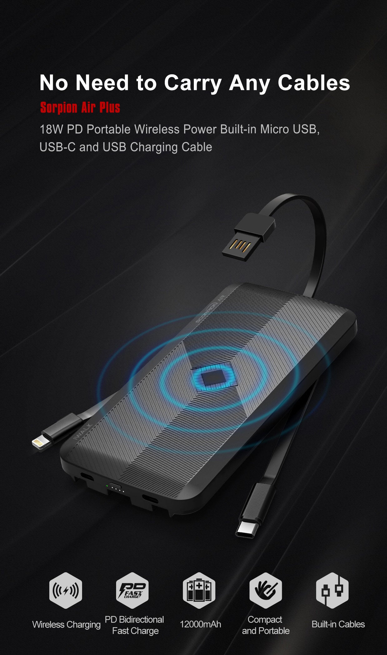 iWalk Scorpion Air 8000 Mah Power Bank With Wireless Charging & In-Built Cables - Black