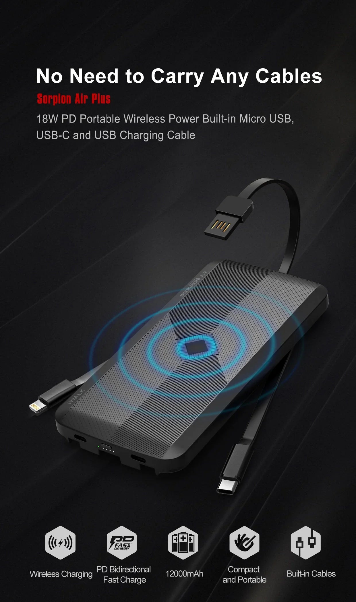 iWalk Scorpion Air 8000 Mah Power Bank With Wireless Charging & In-Built Cables - Black - Tashqila