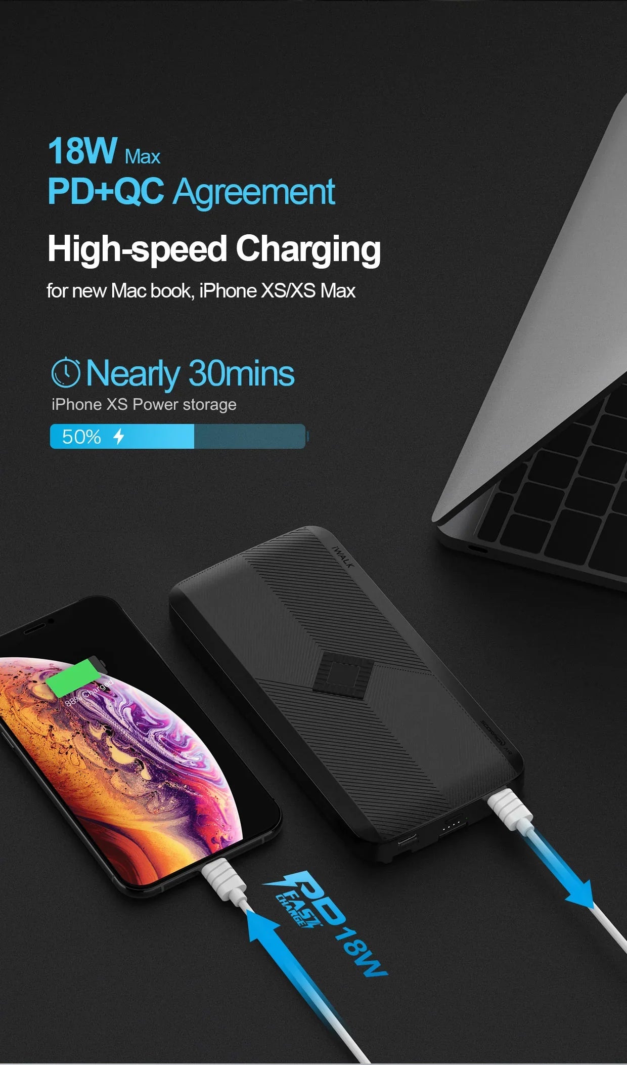 iWalk Scorpion Air 8000 Mah Power Bank With Wireless Charging & In-Built Cables - Black - Tashqila