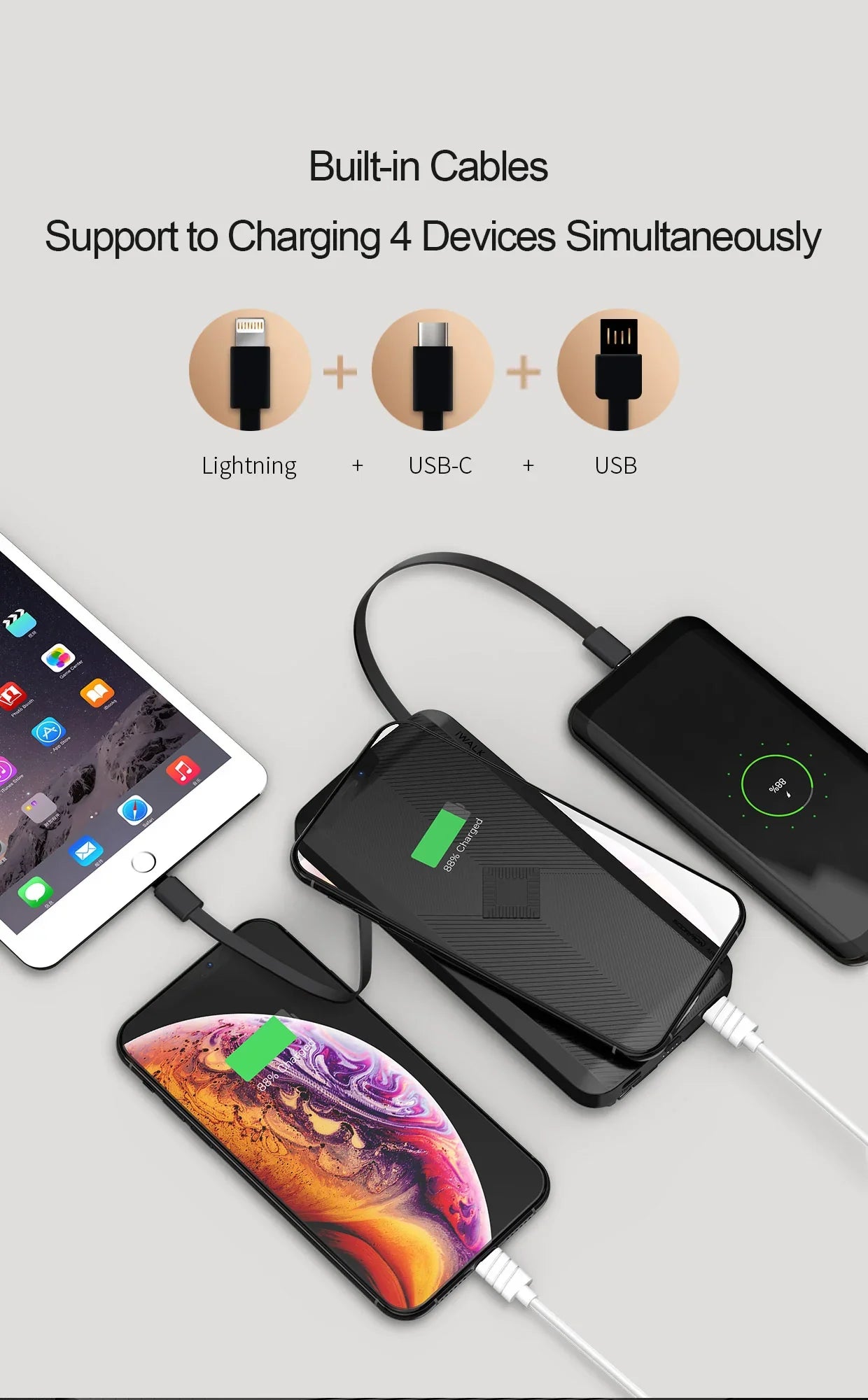 iWalk Scorpion Air 8000 Mah Power Bank With Wireless Charging & In-Built Cables - Black - Tashqila