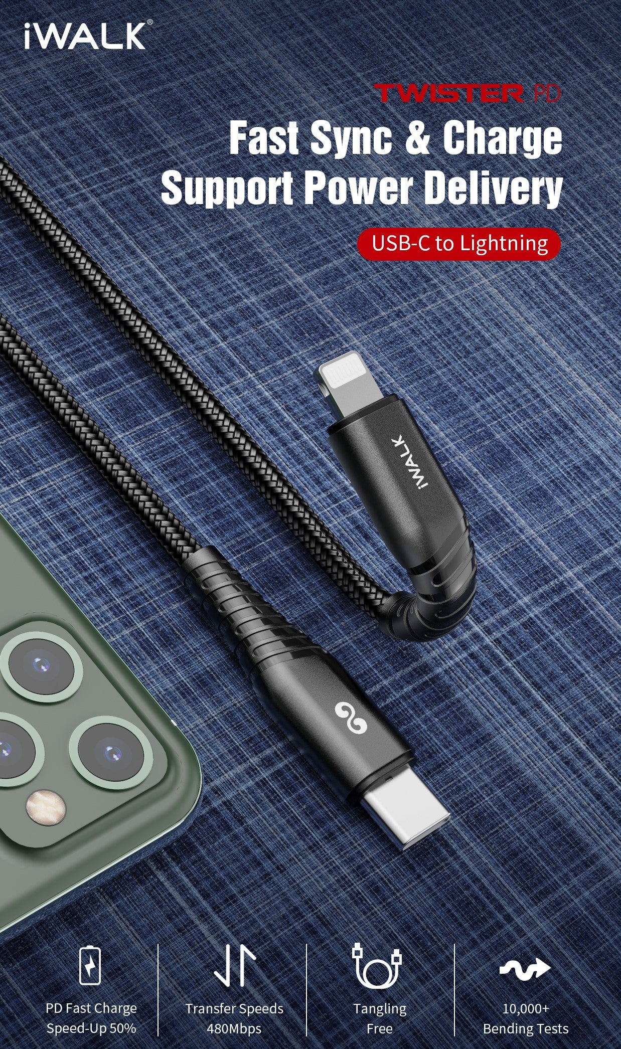 iWalk 18W Twister PD Ultra Flexible Qc 1M Type-C To Lightning Charge And Sync Cable - Black