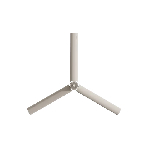 A modern three-blade ceiling fan with a minimalist Y-shaped design, shown from a top-down perspective against a solid white background.