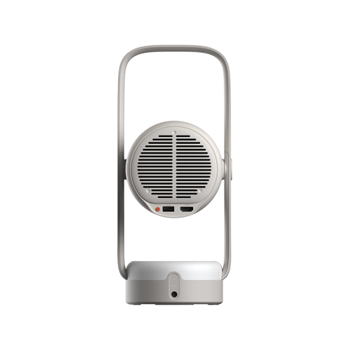 A modern silver and black portable fan with a circular front grille and a sleek stand, shown from the back against a solid white background.