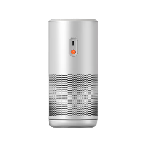 A sleek, cylindrical smart projector in metallic silver with a textured mesh grille on the lower half and a small orange power button on the front, isolated on a white background.