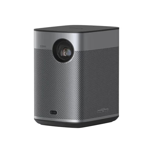 A XGIMI portable projector in a sleek dark gray and silver finish, shown from the front against a solid white background.