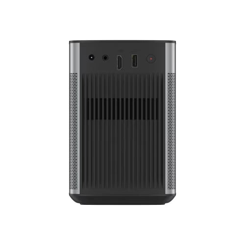 A XGIMI portable projector in a sleek dark gray and silver finish, shown from the front against a solid white background.