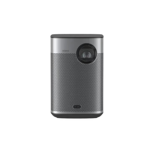 A XGIMI portable projector in a sleek dark gray and silver finish, shown from the front against a solid white background.