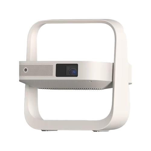 White portable Ximi projector device with a camera lens on a white background