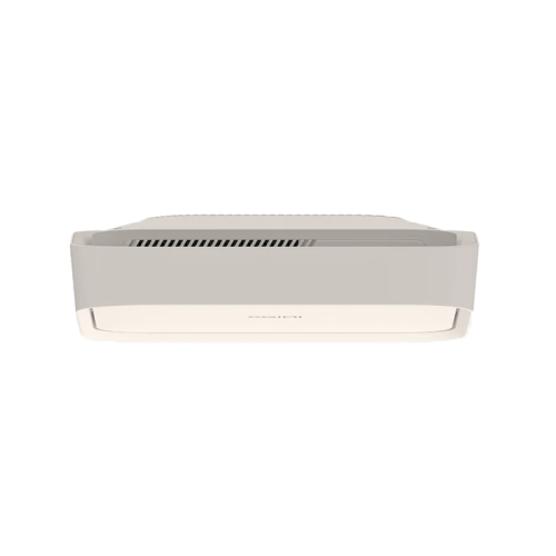 White portable Ximi projector device with a camera lens on a white background