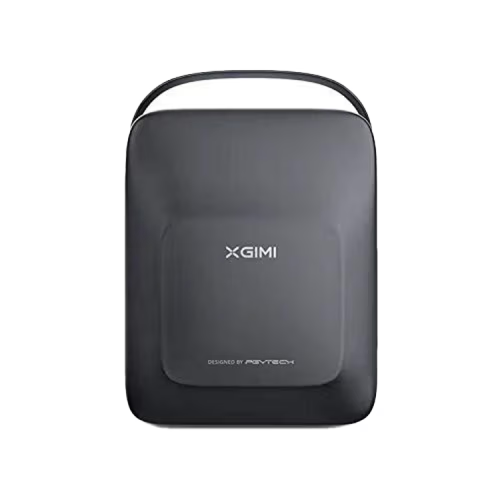 A black XGIMI portable projector on a solid white background, featuring a top handle and the XGIMI logo on the front.