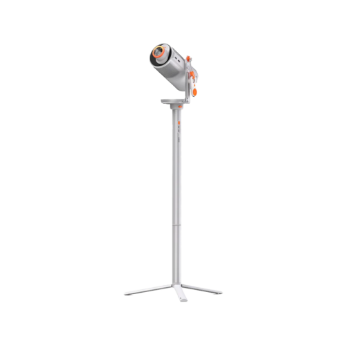 A modern freestanding floor lamp with a silver cylindrical lamp head, white stand, and small orange accent details, shown against a plain white background.