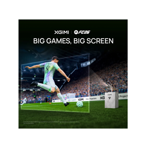 XGIMI projector advertising with a soccer player and 'Big Games, Big Screen' text.