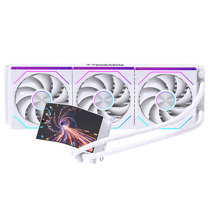 A white triple-fan liquid CPU cooler with RGB lighting accents and a transparent radiator showing colorful fluid, isolated on a white background.