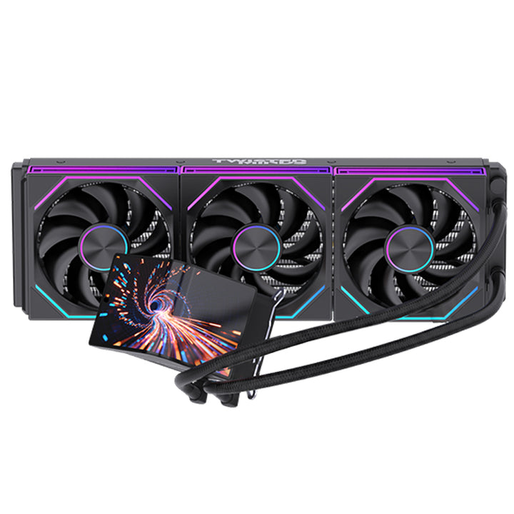 A 3-fan liquid CPU cooler with a large rectangular radiator and a separate pump block, shown on a clean white background. The product features black and dark gray components with vibrant RGB lighting accents in purple, blue, and orange, and the brand name 'TYRIXDA' is visible on the radiator and pump block.