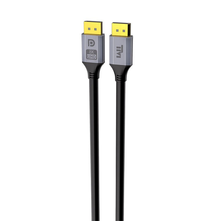A black HDMI cable with two gold-plated HDMI 2.0 connectors and gray protective housings, coiled at the bottom on a white background.