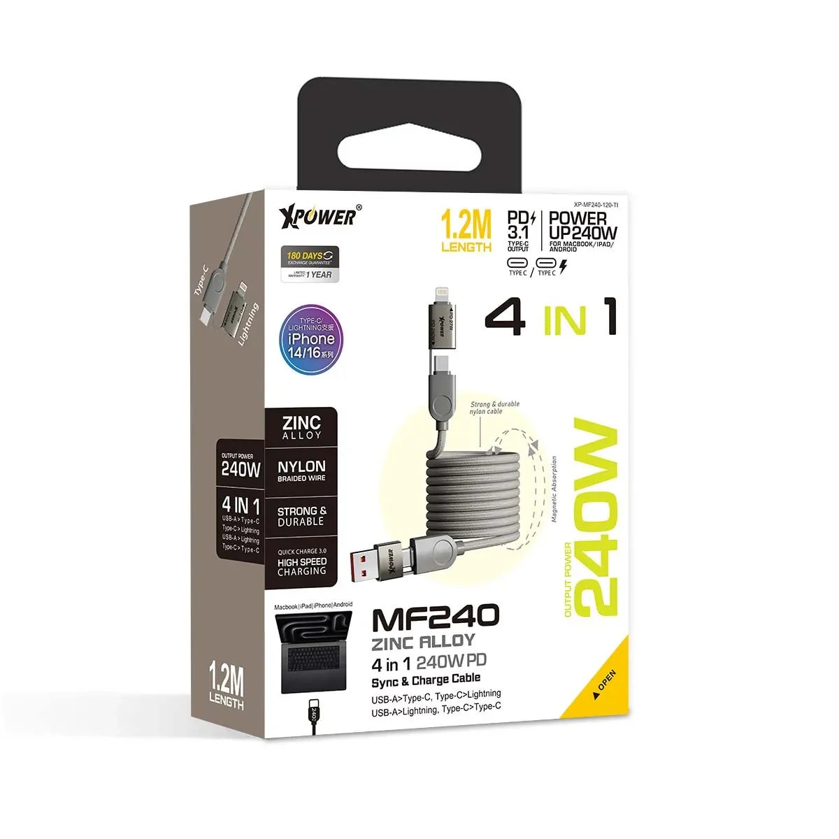 XPower 240W Magnetic 4 in 1 Zinc Alloy 1.2M Cable - Titanium