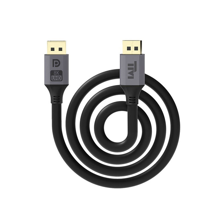 A black HDMI cable with two gold-plated HDMI 2.0 connectors and gray protective housings, coiled at the bottom on a white background.