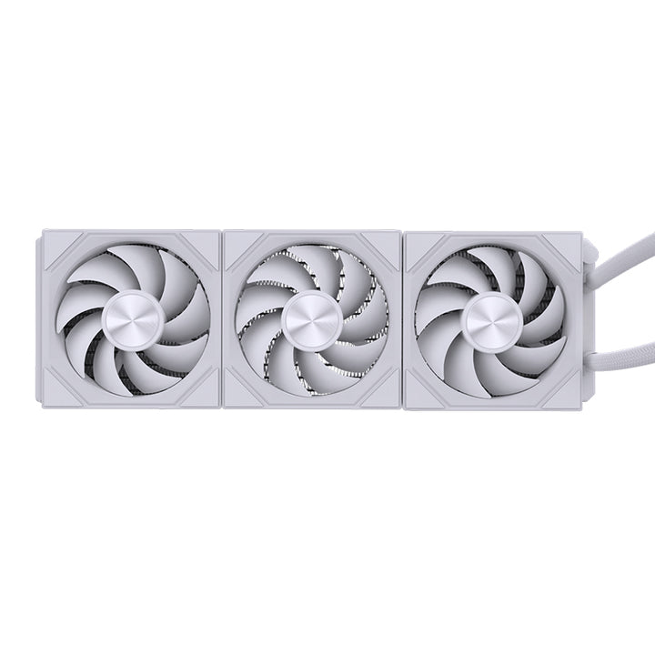 A white triple-fan liquid CPU cooler with RGB lighting accents and a transparent radiator showing colorful fluid, isolated on a white background.