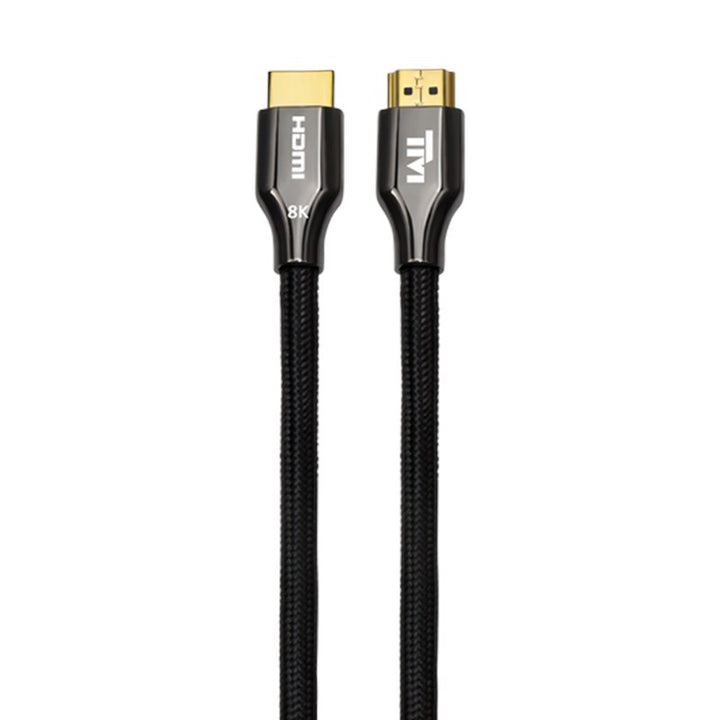 A black braided HDMI 8K cable with gold-plated connectors, coiled on a white background. The left connector shows the HDMI logo and '8K' text, and the right connector shows a stylized 'TM' logo.