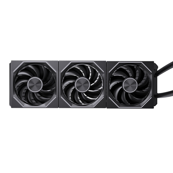 A 3-fan liquid CPU cooler with a large rectangular radiator and a separate pump block, shown on a clean white background. The product features black and dark gray components with vibrant RGB lighting accents in purple, blue, and orange, and the brand name 'TYRIXDA' is visible on the radiator and pump block.