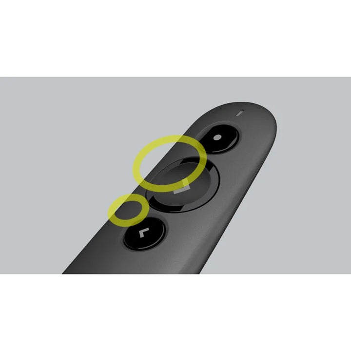 Logi handheld remote control in dark gray with three black buttons and the Logi logo near the bottom, shown on a plain white background.