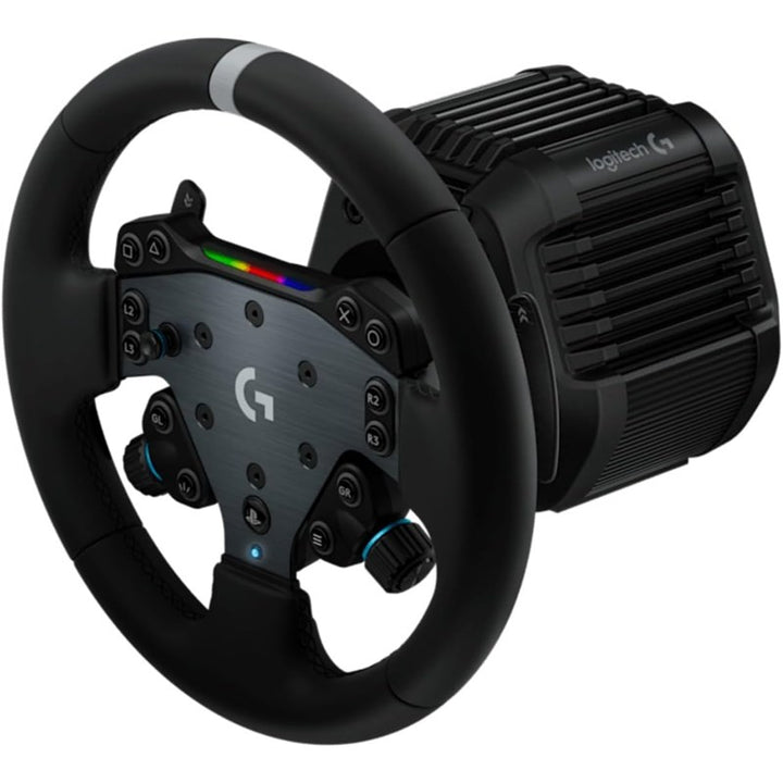 Logitech racing wheel controller with a black leather-look rim, brushed metal center, and a multi-color RGB light bar on a white background.