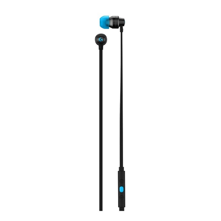 Black and blue in-ear wired earphones with silicone ear tips, shown on a plain white background.