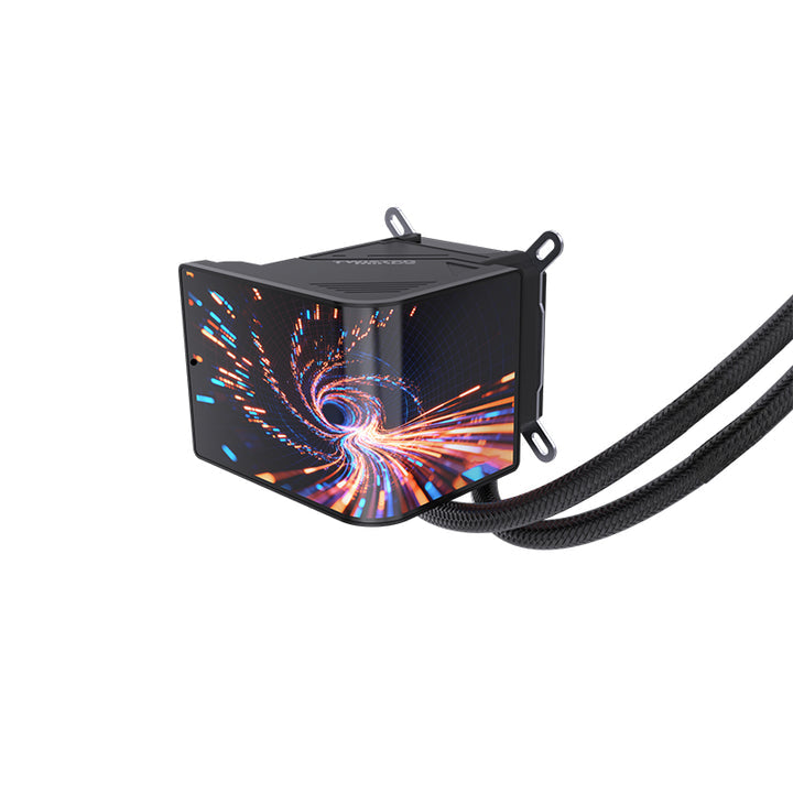 A 3-fan liquid CPU cooler with a large rectangular radiator and a separate pump block, shown on a clean white background. The product features black and dark gray components with vibrant RGB lighting accents in purple, blue, and orange, and the brand name 'TYRIXDA' is visible on the radiator and pump block.