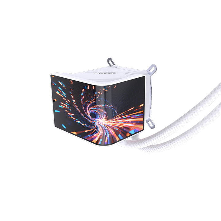 A white triple-fan liquid CPU cooler with RGB lighting accents and a transparent radiator showing colorful fluid, isolated on a white background.