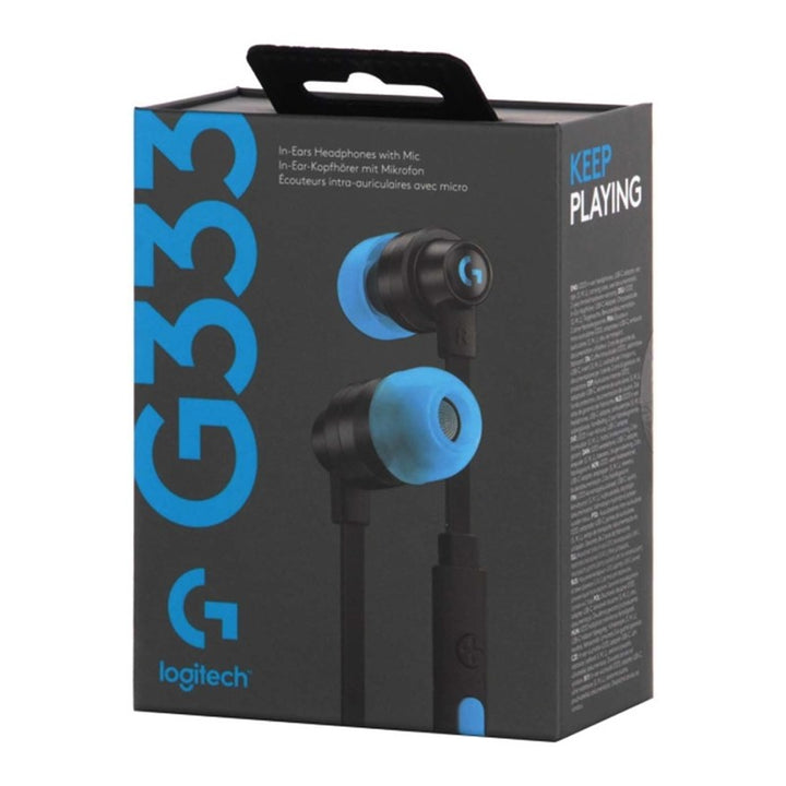 Black and blue in-ear wired earphones with silicone ear tips, shown on a plain white background.