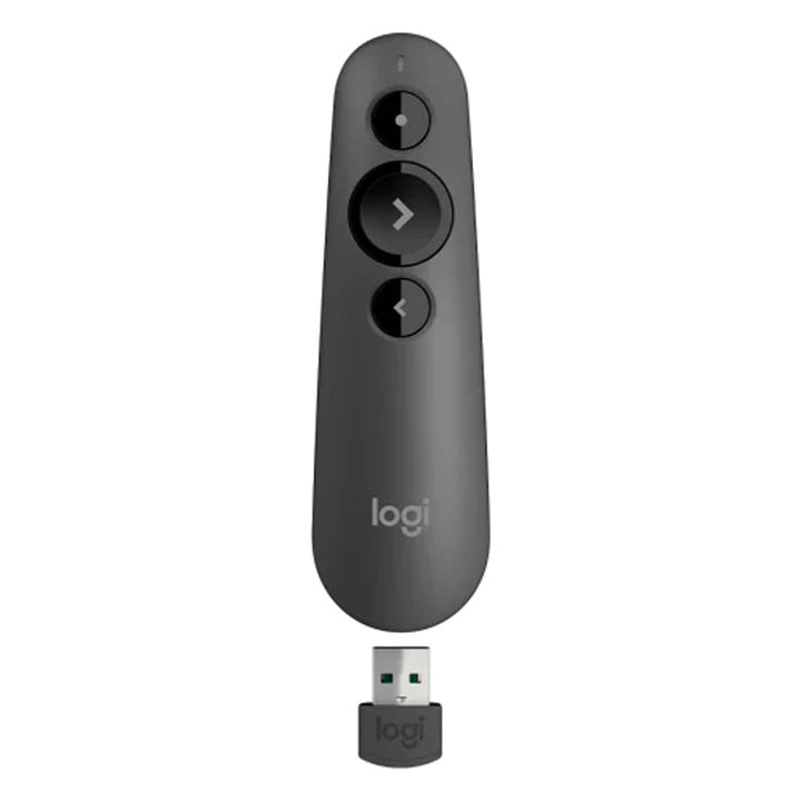 Logi handheld remote control in dark gray with three black buttons and the Logi logo near the bottom, shown on a plain white background.