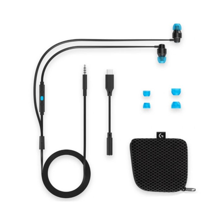 Black and blue in-ear wired earphones with silicone ear tips, shown on a plain white background.