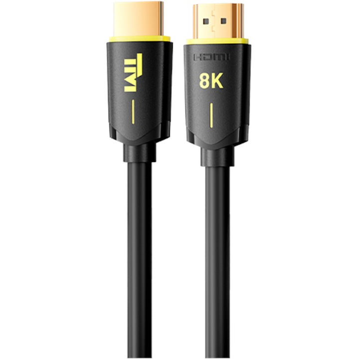 Black HDMI 8K cable with gold-plated connectors and yellow branding details, shown coiled on a white background.