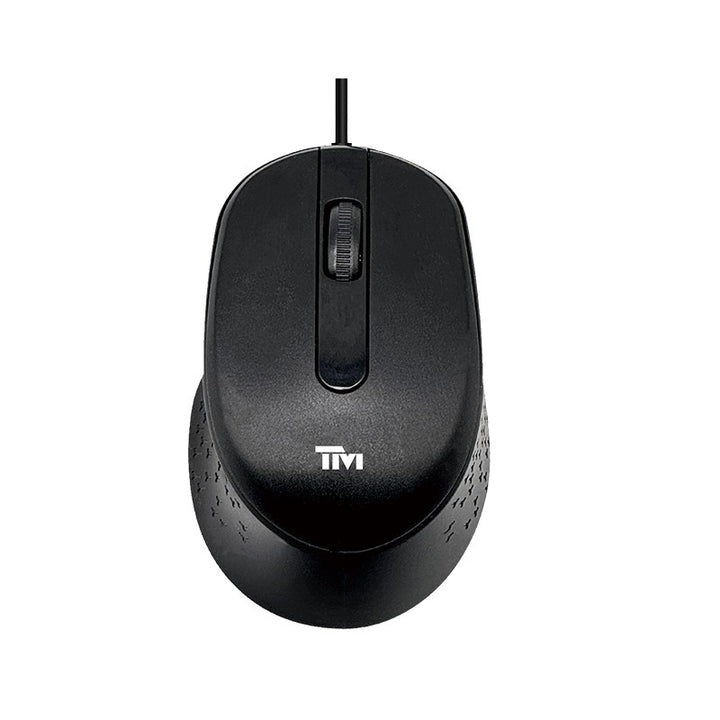 A black computer mouse with white lettering and a cable, shown against a plain white background. The brand name 'TM' is visible in the Bottom center of the mouse.