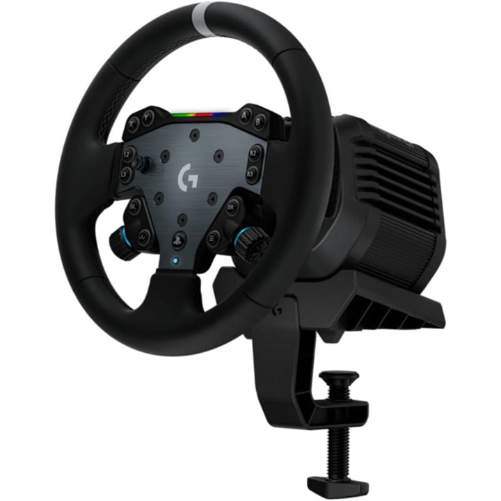 Logitech racing wheel controller with a black leather-look rim, brushed metal center, and a multi-color RGB light bar on a white background.