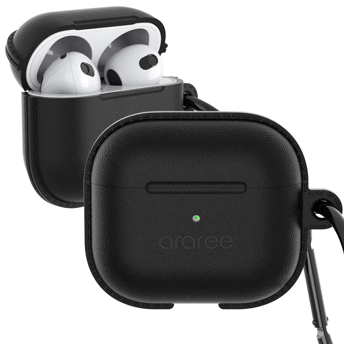 Black leather AirPods Pro case with carabiner, protective cover for wireless earbuds, araree brand