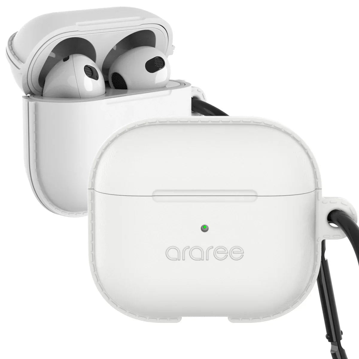White Araree AirPods case with charging indicator and earbuds inside, sleek design for protection