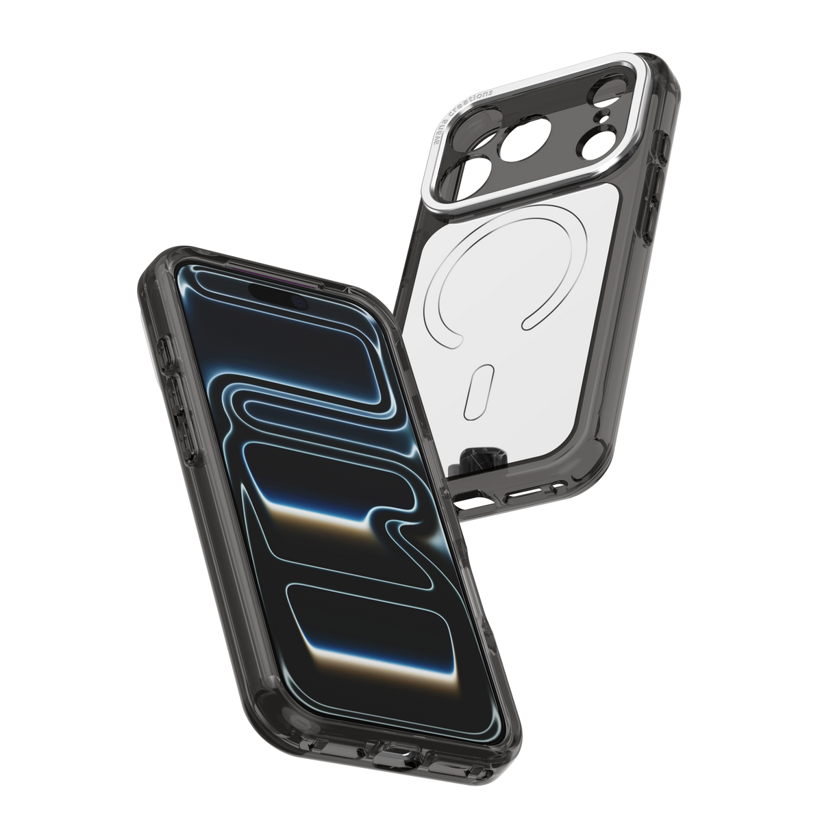 Two views of a rugged black iphone 18 pro max case with a clear back panel, shown on a plain white background. One view shows the back of the case with a circular MagSafe ring, and the other shows the front of the case with a blue and black abstract pattern.