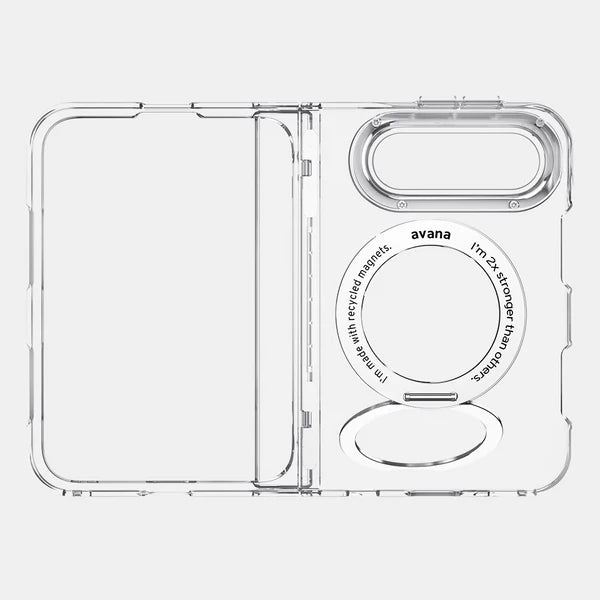A clear protective phone case with a built-in MagSafe ring and kickstand, shown from the back on a light gray background. The brand name 'avana' is printed on the MagSafe ring.