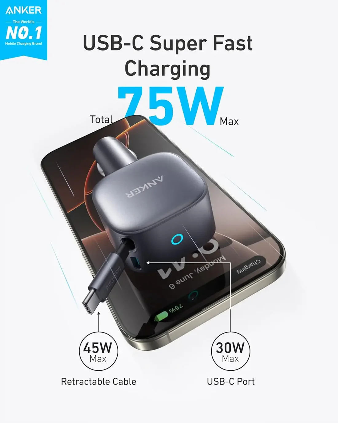 Anker Nano Car Charger (75W, Usb-C Port, Built-In Retractable Usb-C Cable) -Silver