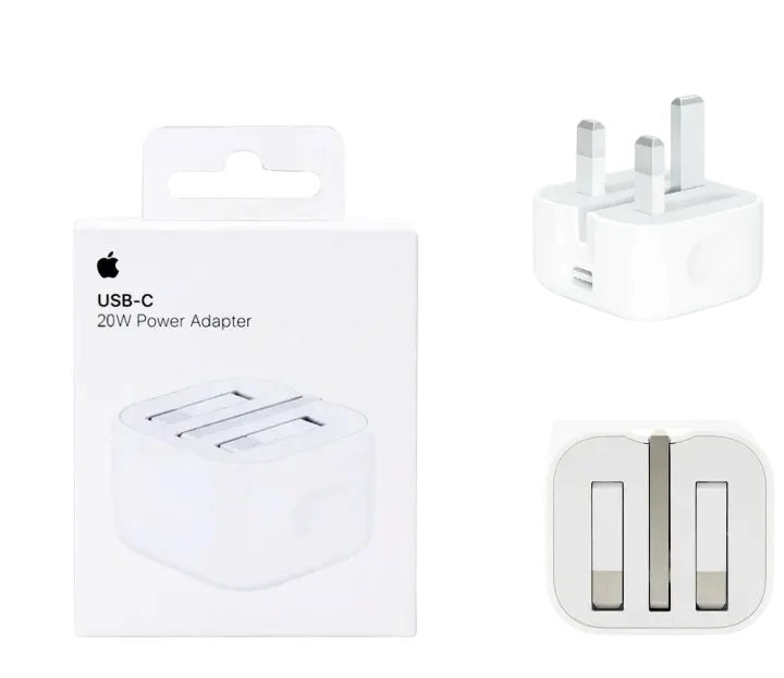 Apple 20W USB-C Power Adapter with UK and EU plugs, compact white charger for fast device charging