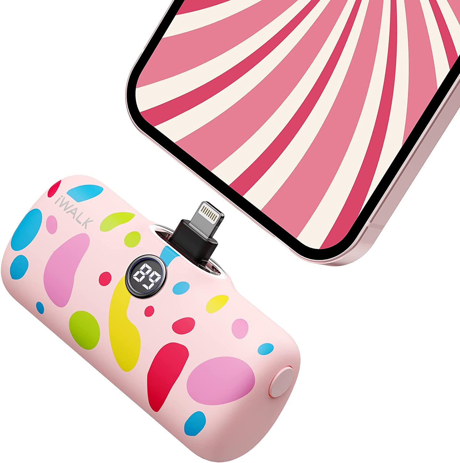 iWalk Linkme Pro Fast Charge 4800mAh Pocket Battery With Battery Display For iPhone - Pink Bubble Pattern