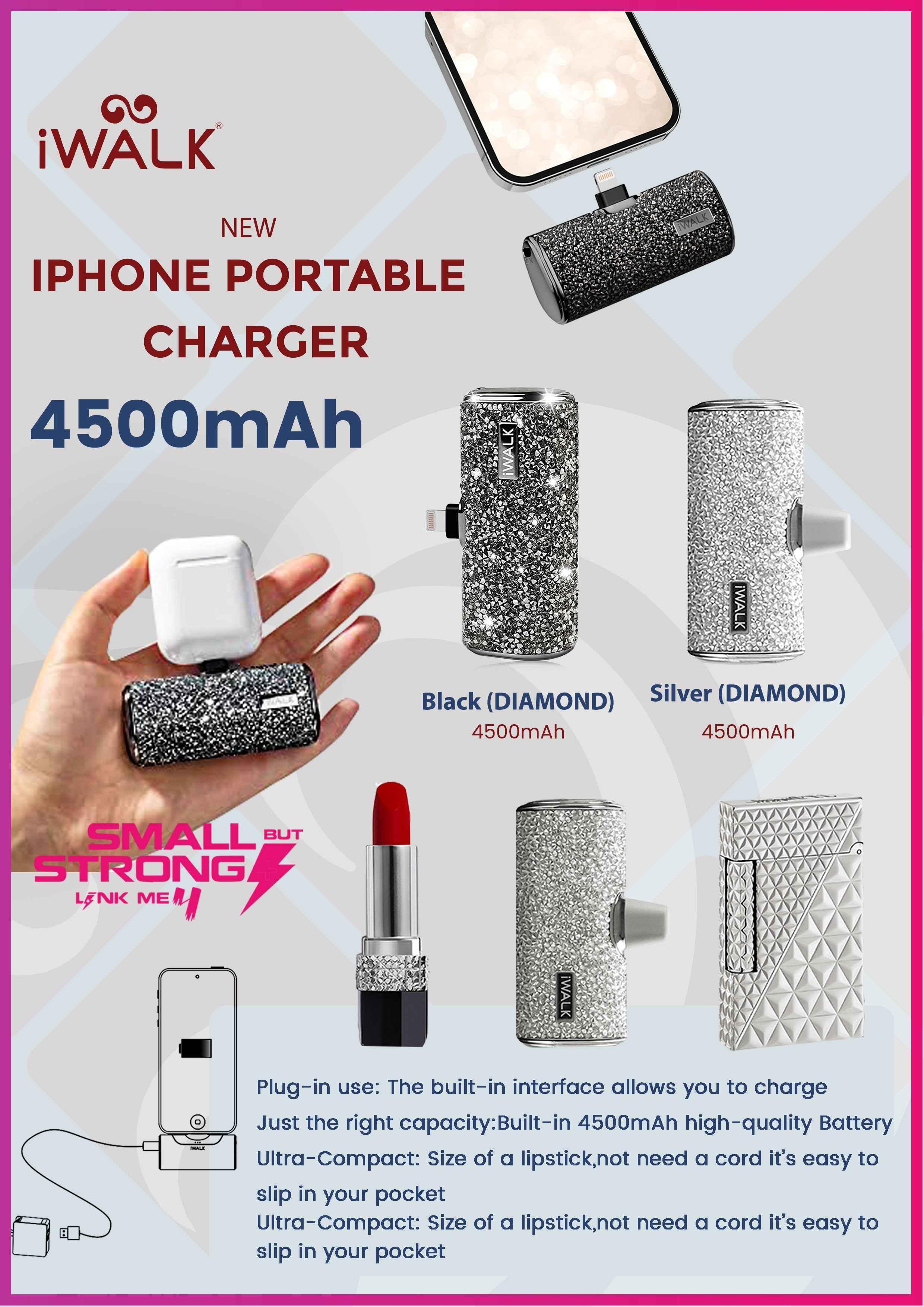 iWalk 4500mAh Lightning Pocket Power Bank - Silver Diamond