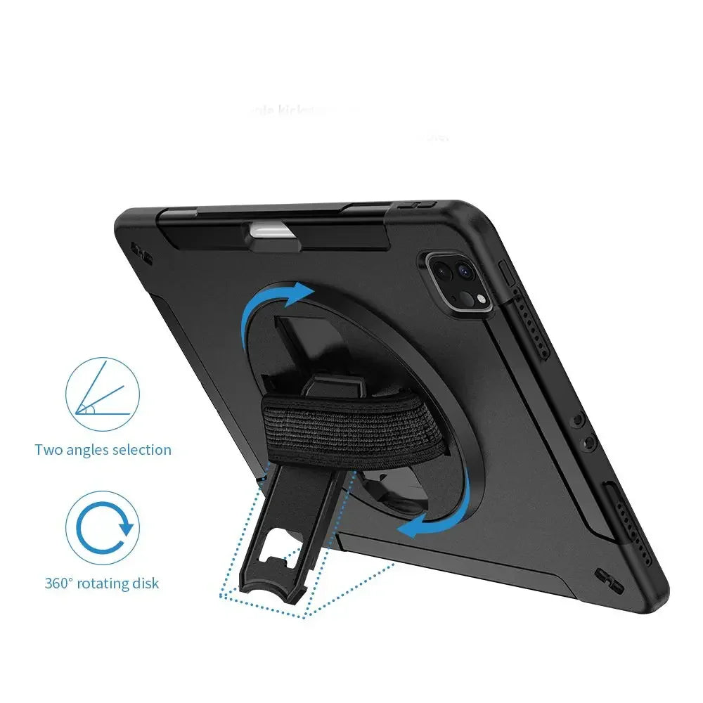 Armor-X Enx Case For iPad Air 4Th Gen 10.9 Inch 2020 Ultimate 3 Layers Shockproof Rugged Case With Hand Strap & Kick Stand - Black - Tashqila