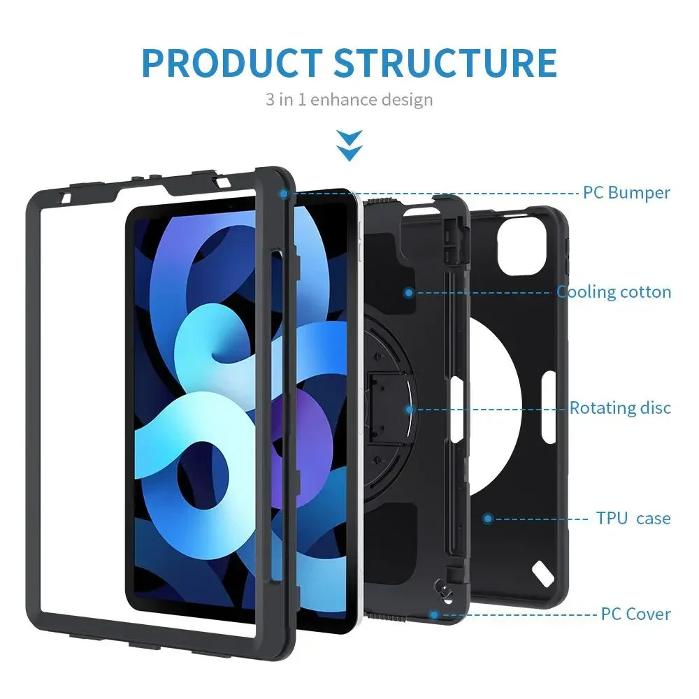 Armor-X Enx Case For iPad Air 4Th Gen 10.9 Inch 2020 Ultimate 3 Layers Shockproof Rugged Case With Hand Strap & Kick Stand - Black - Tashqila