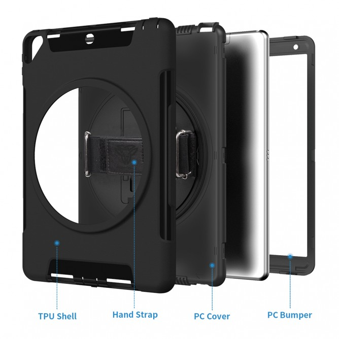 Armor-X Exn Case For iPad 8Th Gen 10.2 (2020 & 2019) Ultimate 3 Layers Shockproof Rugged Case With Hand Strap & Kick Stand- Black