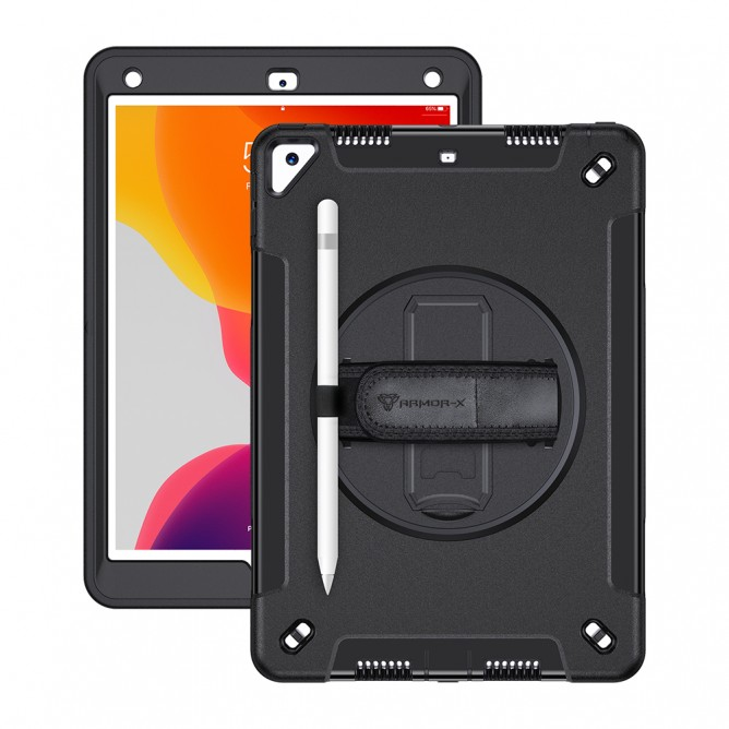 Armor-X Exn Case For iPad 8Th Gen 10.2 (2020 & 2019) Ultimate 3 Layers Shockproof Rugged Case With Hand Strap & Kick Stand- Black