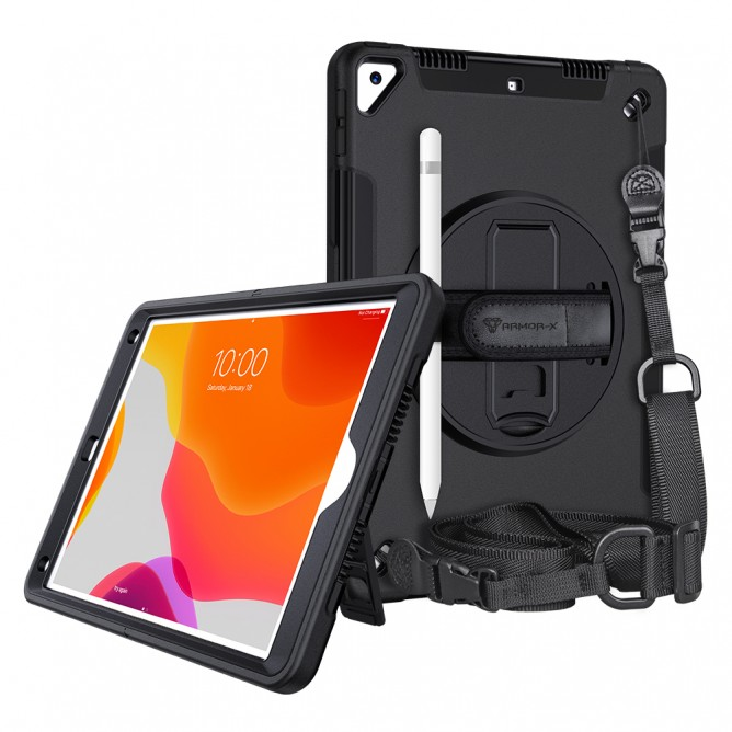 Armor-X Exn Case For iPad 8Th Gen 10.2 (2020 & 2019) Ultimate 3 Layers Shockproof Rugged Case With Hand Strap & Kick Stand- Black