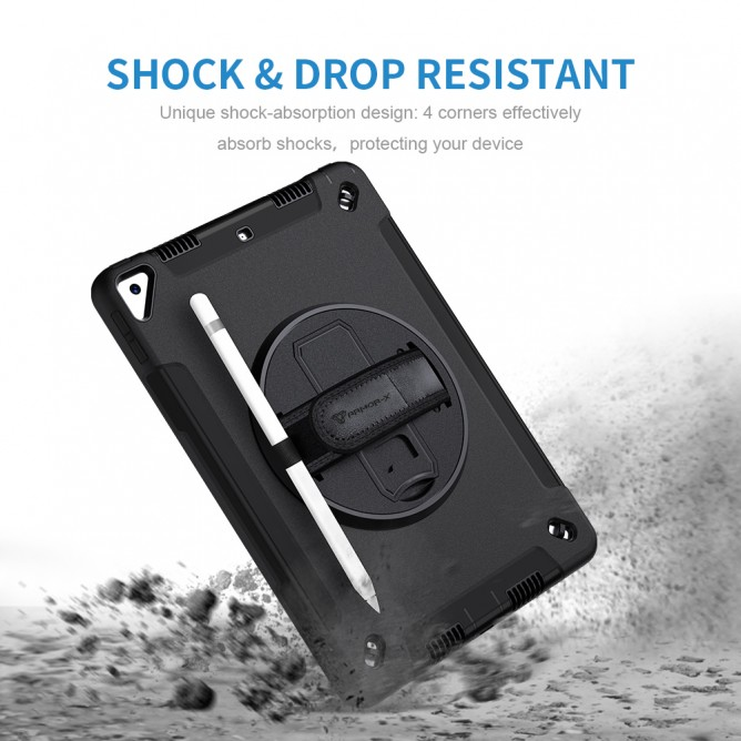 Armor-X Exn Case For iPad 8Th Gen 10.2 (2020 & 2019) Ultimate 3 Layers Shockproof Rugged Case With Hand Strap & Kick Stand- Black