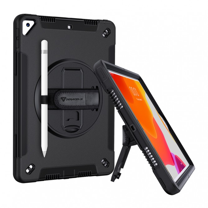 Armor-X Exn Case For iPad 8Th Gen 10.2 (2020 & 2019) Ultimate 3 Layers Shockproof Rugged Case With Hand Strap & Kick Stand- Black